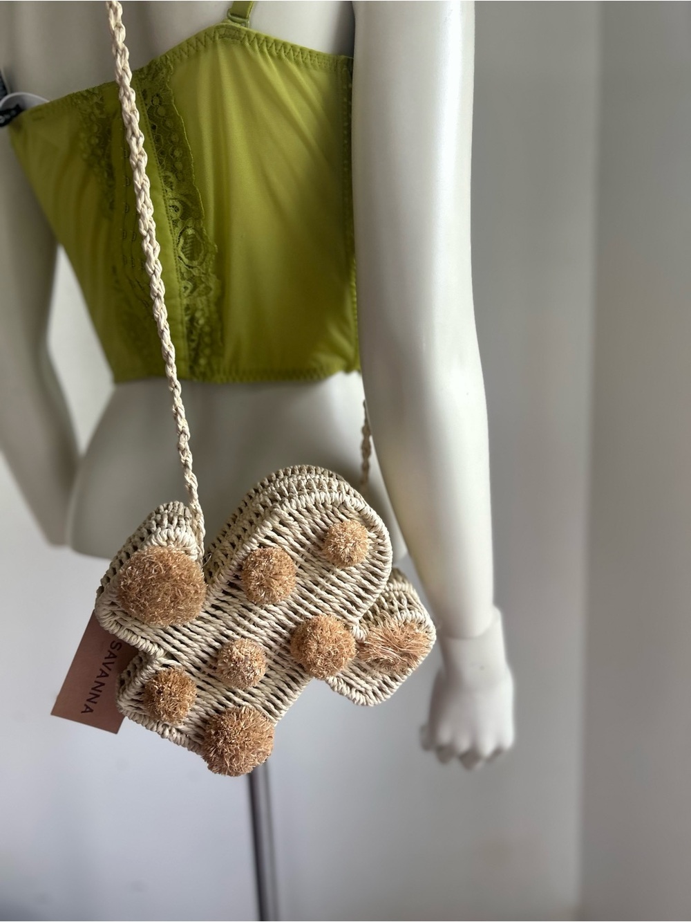 Savannah Cream Woven Pom-Pom Crossbody Bag new - Picture 4 of 10